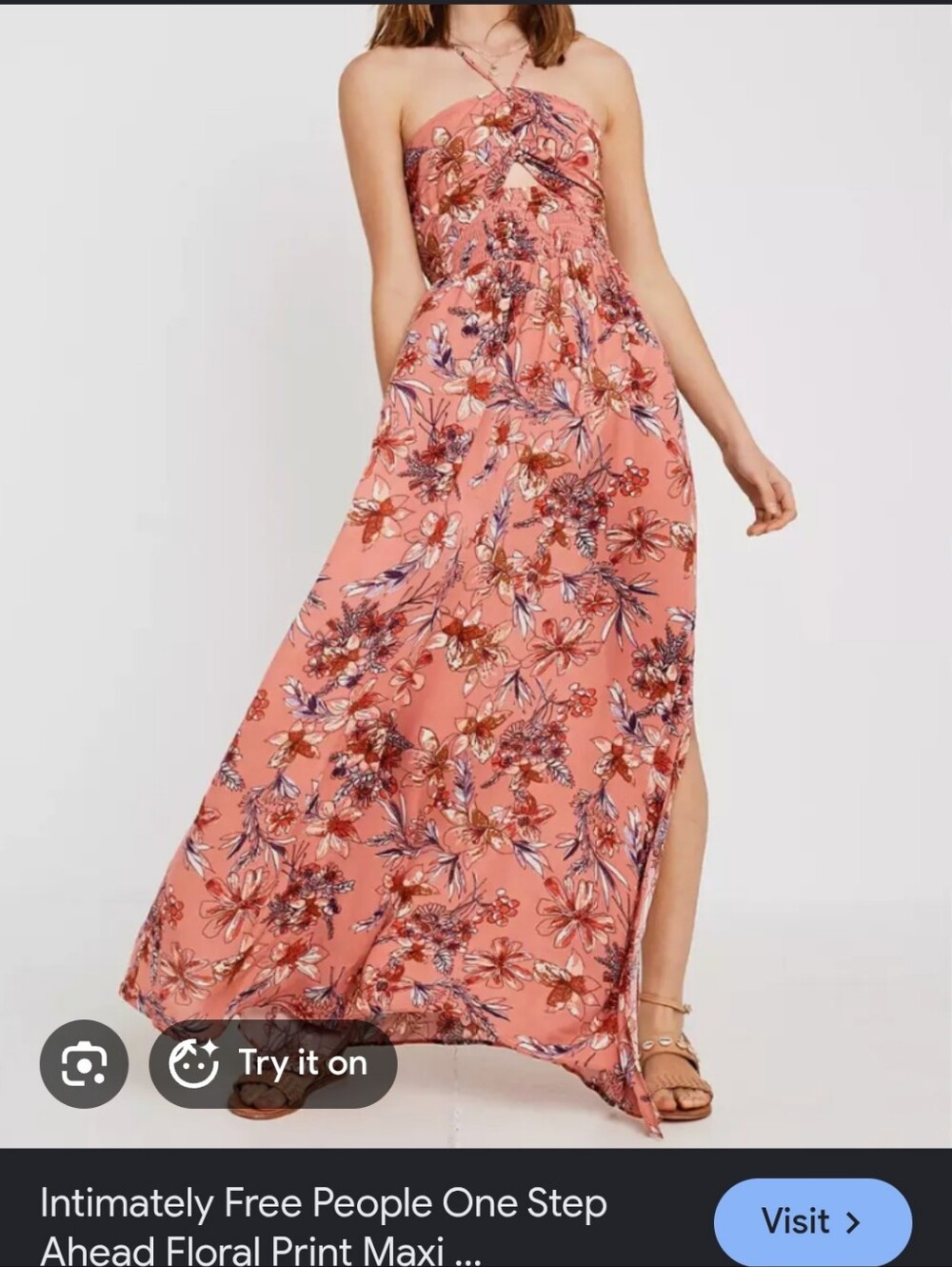 One Step Ahead Free People Coral Floral Halter Maxi Dress Sz L